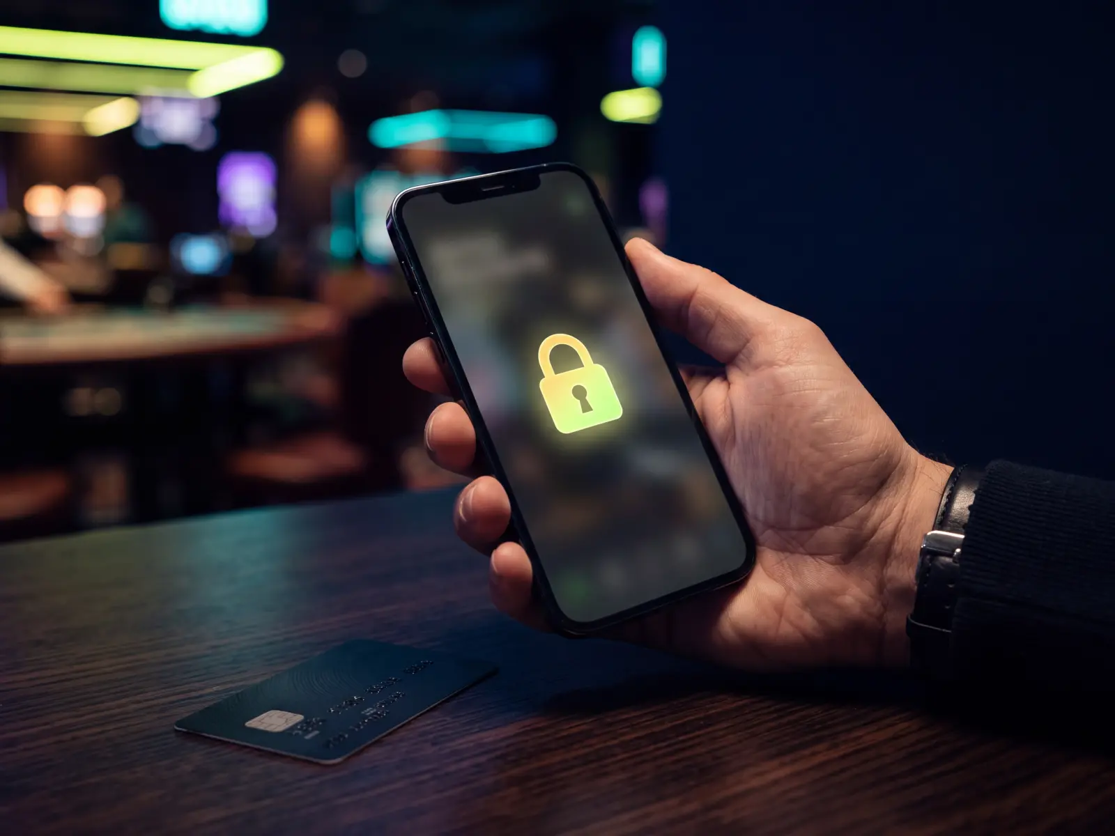 Smartphone mit Kontosicherung und Ausweis auf dunklem Tisch